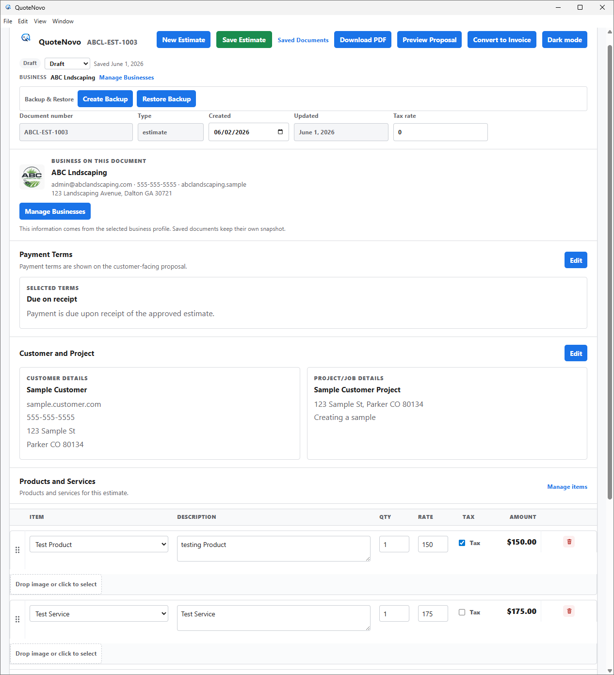 QuoteNovo estimate creation screen showing line items, quantities, pricing, and project total