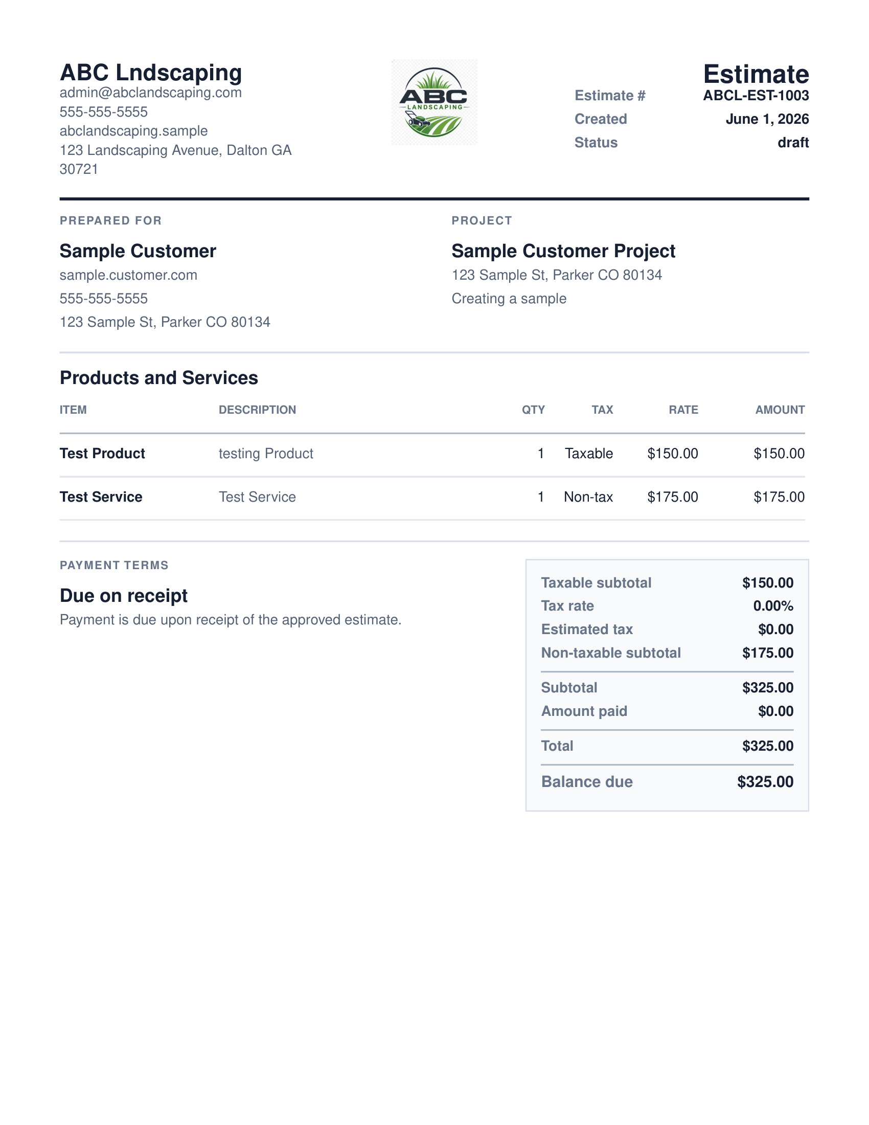 QuoteNovo PDF estimate preview showing a customer-facing proposal with line items and total
